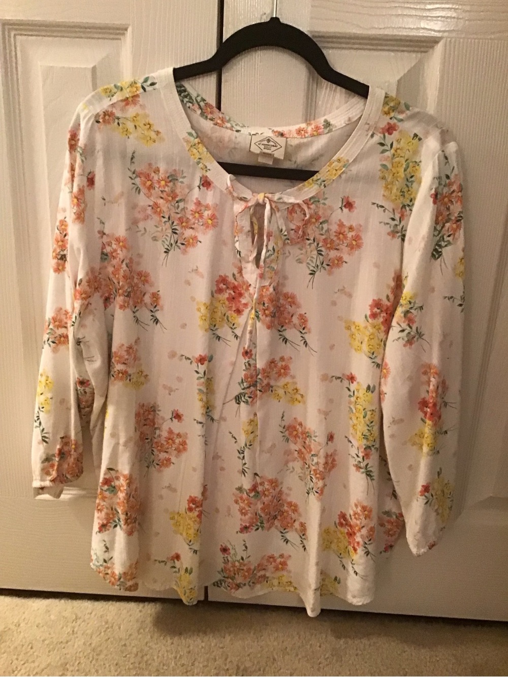 St. John's Bay White Floral Tie-Neck Peasant Blouse